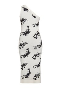 Abito a spalla unica in maglia bianco con intricati motivi floreali neri. Silhouette aderente con orlo a lunghezza ginocchio e dettagli a costine.