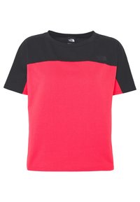 Czerwona i czarna koszulka z krótkim rękawem z kontrastowym, poziomym blokiem kolorów, wykonana z miękkiego materiału, z małym logo na piersi.