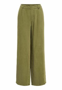 Pantalones de pierna ancha en verde olivo, fabricados con una tela suave. Presentan una cintura alta, pliegues frontales y detalles de dobladillo cosido.
