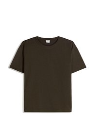 Mørkeolivengrøn bomuld T-shirt, rund hals, korte ærmer, lige snit, minimalistisk design, glat tekstur, uden synlige mønstre eller udsmykninger.