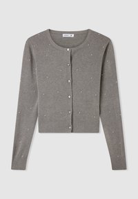 Cardigan grigio a maglia con scollo rotondo e maniche lunghe. Decorato con piccole perline bianche e chiusura anteriore con bottoni, presenta un orlo a coste.