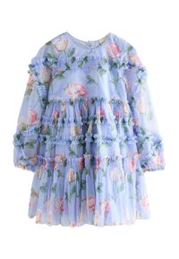 Light blue long-sleeve dress with tiered ruffles and pink rose floral pattern, featuring a round neckline and gathered cuffs.