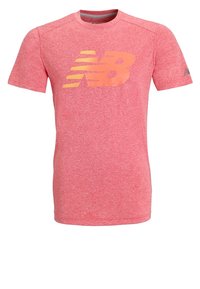 Red short-sleeve t-shirt made of textured fabric featuring a large yellow "NB" logo in the center with horizontal streaks design.