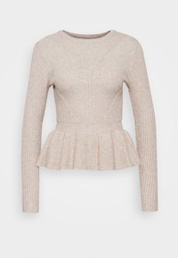 Helles beige geripptes Sweatshirt mit langen Ärmeln, tailliertem Oberteil und ausgestelltem Peplum-Saum. Verfügt über ein strukturiertes Design und einen runden Ausschnitt.