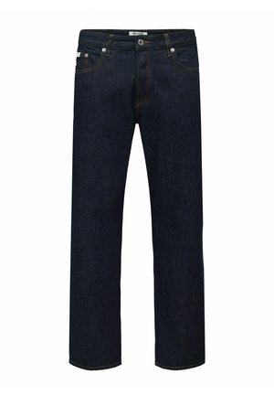 Blugi din denim de culoare albastru închis, cu croială dreaptă, având cusături portocalii și un design clasic cu cinci buzunare. Închidere cu nasture din alamă și fermoar.