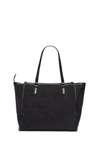 Czarna torba na ramię wykonana z nylonu, z dwiema czarnymi skórzanymi uchwytami, w prostokątnym kształcie i gładkiej fakturze, z dodatkami w kolorze złotym.