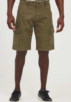 Khaki cargoshorts lavet af bomuld, med flere sidelommer, bæltestropper og en syet kant. Glat tekstur med en afslappet pasform.