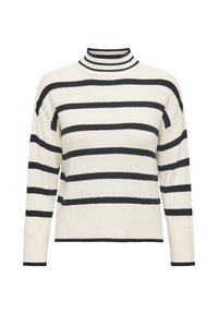 Knitted sweater in cream with navy horizontal stripes, featuring a high neckline, long sleeves, and ribbed texture.