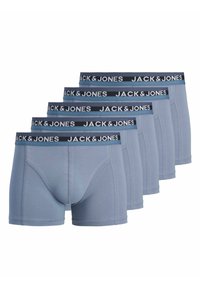 Öt pár kék boxer alsó, fekete elasztikus derékpánttal, "JACK & JONES" felirattal. Sima anyag, közepes hosszúság és testéhez illeszkedő fazon.