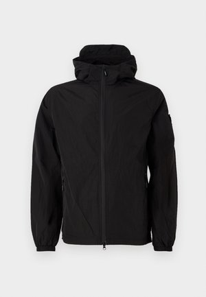 Black lightweight jacket with a zip closure, hood, elastic cuffs, and side pockets. Features a smooth, textured fabric surface.