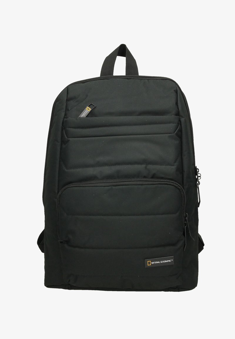 Black nylon backpack with padded front, zippered pocket, and top handle. Features National Geographic logo on lower right corner.