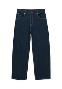 Mörkblå denimjeans med avslappnad passform, som har fem fickor, gyllene sömmar och knappstängning vid midjan.