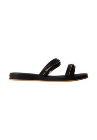 Sandale slide noire avec deux brides rembourrées et une semelle plate, avec un petit logo de marque doré sur la bride supérieure.