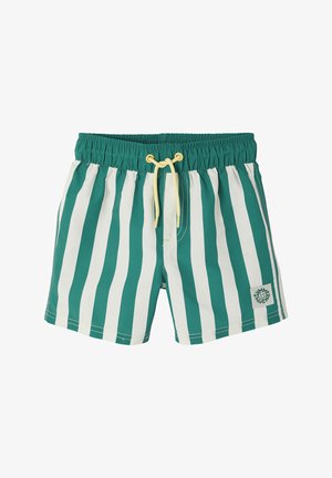 Green and white vertical striped swim shorts with an elastic waistband and yellow drawstring, featuring a small logo patch on the leg.