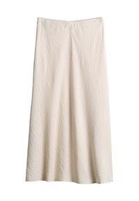 Une longue jupe de couleur crème, faite d'un tissu texturé, présentant une silhouette fluide et un design simple et épuré avec un ourlet droit.