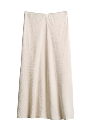 A long, cream-colored skirt made from textured fabric, featuring a flowing silhouette and a simple, clean design with a straight hem.