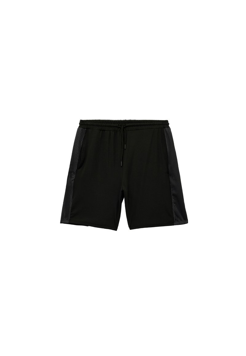 Sorte atletiske shorts lavet af letvægtsstof, med mesh-sidede paneler, en elastisk talje med snørre og sidelommer.