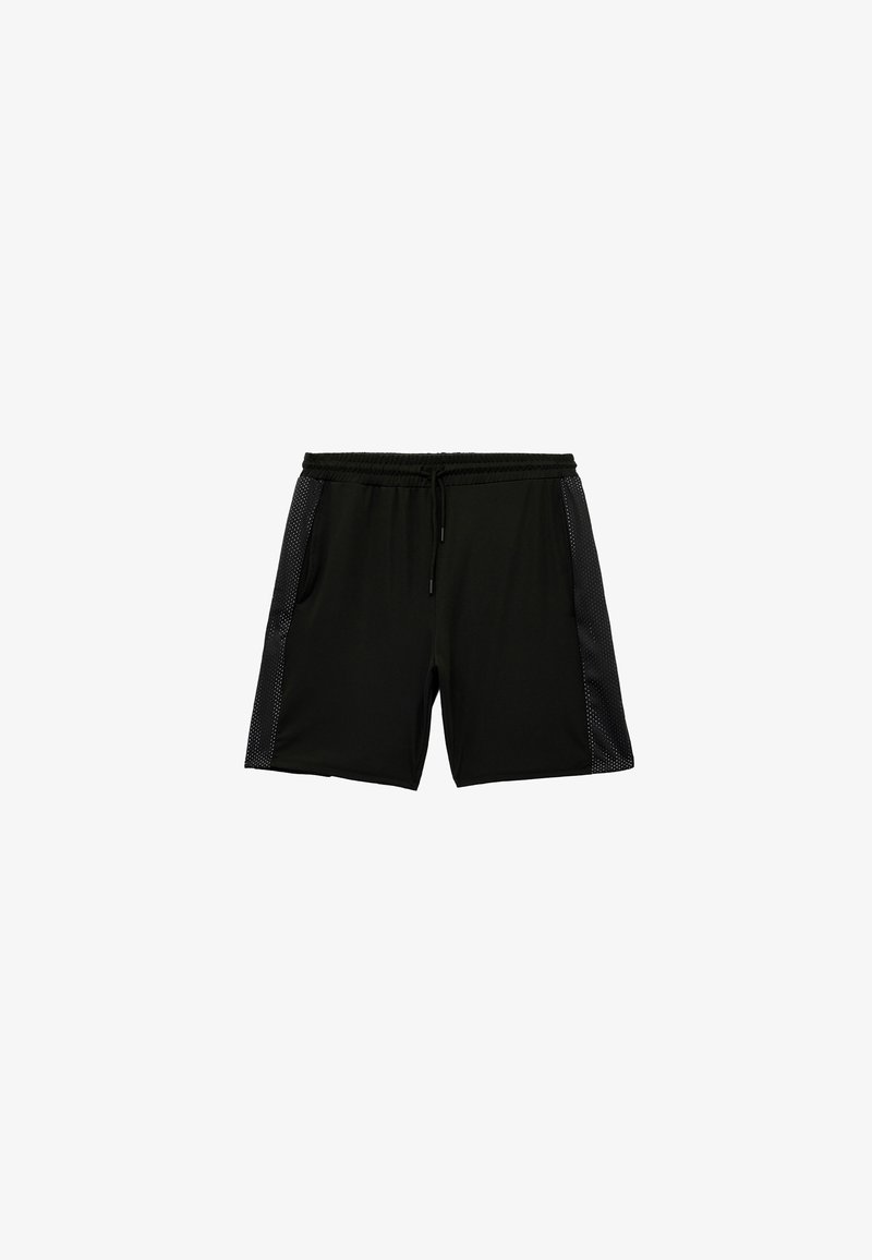 Zwarte sportshorts van lichtgewicht stof, met mesh zijpanelen, een elastische tailleband met trekkoord en zijzakken.