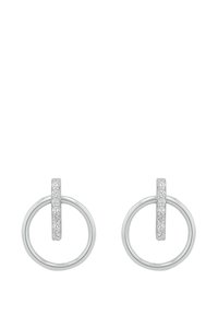 Orecchini a cerchio in argento con una barra verticale incastonata di piccole gemme trasparenti, creando un design moderno ed elegante.