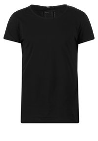 Camiseta negra de manga corta hecha de suave tejido de algodón, con un cuello redondo clásico y un diseño relajado y simple, sin patrones.