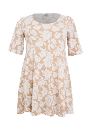 Beiges Kurzarmkleid mit weißem Blumenmuster, rundem Ausschnitt, lockerer Passform und knielangem Saum.