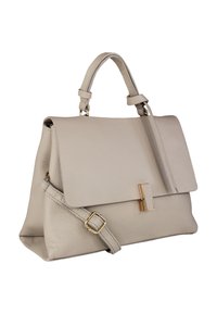 Sac à main en cuir de couleur gris clair avec une finition texturée, une forme structurée, une bandoulière détachable et des accents en métal doré.