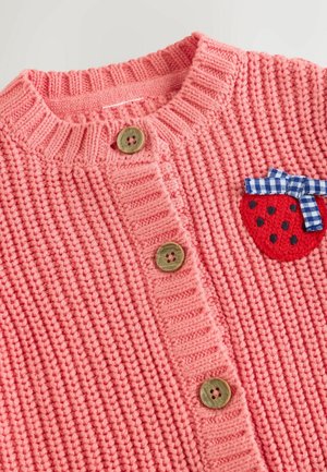 Pink knit cardigan with a ribbed texture, featuring three wooden buttons and an embroidered strawberry patch with a blue and white checked bow.
