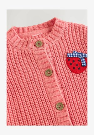 Roosa soonikkoes kardigan soonilise tekstuuriga, millel on kolm puidust nööpi ja tikitud maasika tähistus sinise ja valge ruudulise lipsuga.