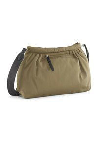 Borsa handbag color khaki con un design morbido e arricciato, dotata di una tasca con zip e di una robusta tracolla nera.