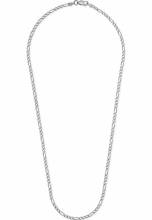 Silver chain necklace featuring an interlocking link design. Smooth, shiny texture with a secure clasp. Uniform length and width.