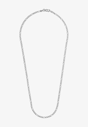 Sølvkæde med et sammenflettet linksdesign. Glat, blank overflade med en sikker lås. Ensartet længde og bredde.