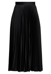 Svart plisserad midikjol med ett brett midjeband. Mjukt, lätt tyg med vertikala plisseringar som sträcker sig från midjebandet till fållen.