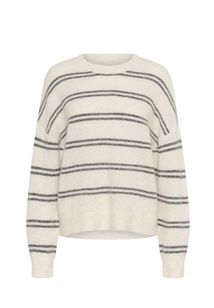 Šviesiai kreminė megztinė, pagaminta iš minkštos medžiagos, su horizontaliomis pilkomis juostelėmis, apvaliu iškirpimu ir gumbetu rankogaliu bei siūle.