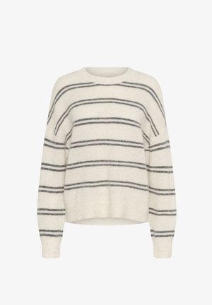 Šviesiai kreminė megztinė, pagaminta iš minkštos medžiagos, su horizontaliomis pilkomis juostelėmis, apvaliu iškirpimu ir gumbetu rankogaliu bei siūle.