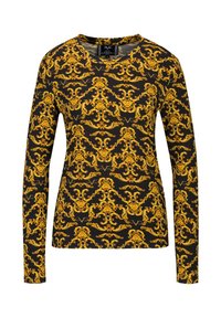 Langärmliges schwarzes Hemd mit einem kunstvollen goldenen Barockmuster, aus weichem Stoff gefertigt. Verfügt über einen klassischen Rundhalsausschnitt und eine schlanke Passform.