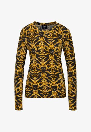 Langarm zwart shirt met een ingewikkeld goud barokpatroon, gemaakt van zachte stof. Voorzien van een klassieke ronde halslijn en een slanke pasvorm.