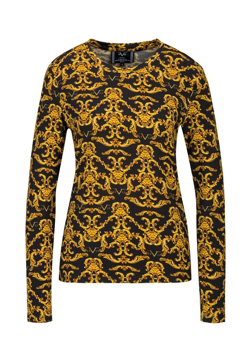 Langärmliges schwarzes Hemd mit einem kunstvollen goldenen Barockmuster, aus weichem Stoff gefertigt. Verfügt über einen klassischen Rundhalsausschnitt und eine schlanke Passform.