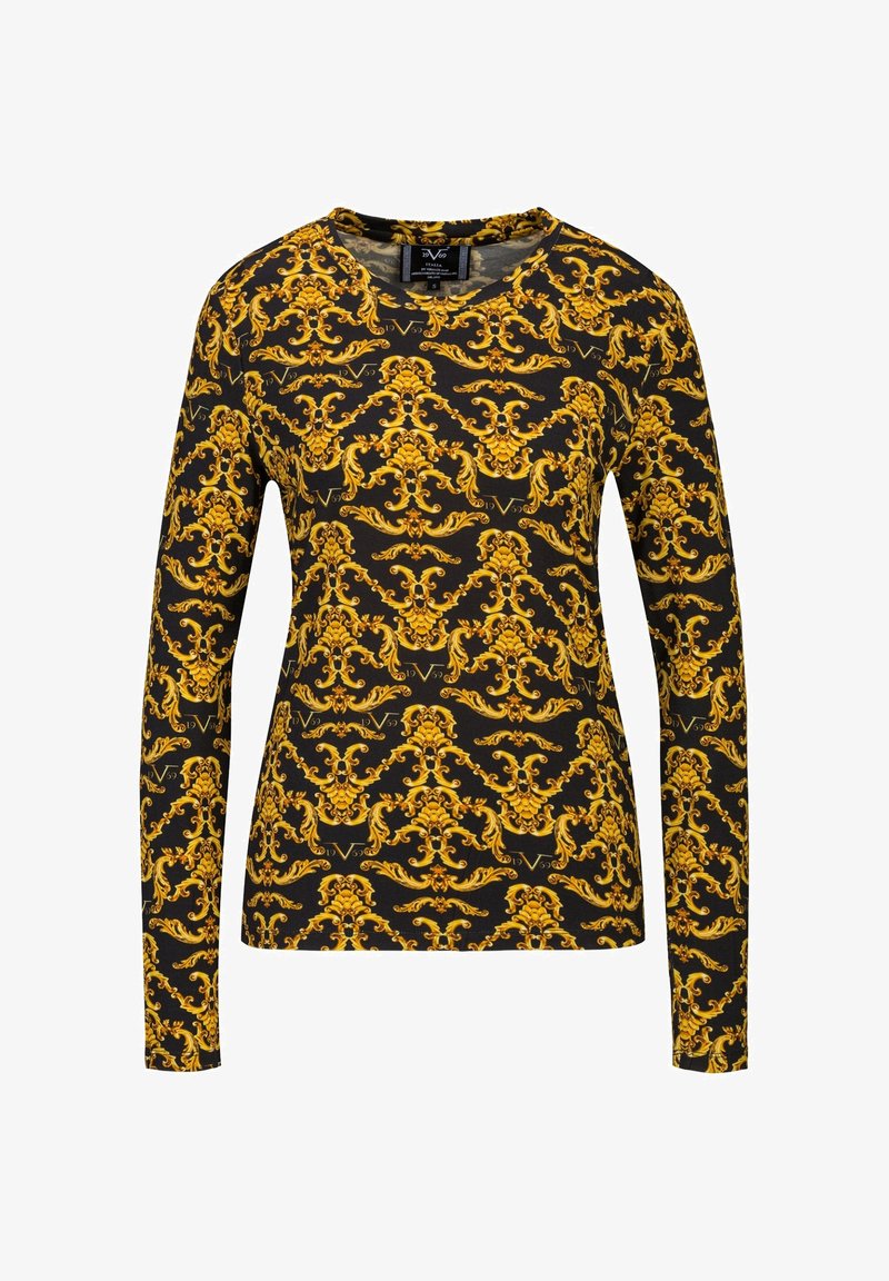 Langärmliges schwarzes Hemd mit einem kunstvollen goldenen Barockmuster, aus weichem Stoff gefertigt. Verfügt über einen klassischen Rundhalsausschnitt und eine schlanke Passform.