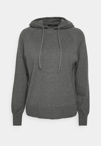 Sweat à capuche gris en tissu doux avec une coupe décontractée. Comprend des poignets et un ourlet côtelés, avec des cordons pour la capuche.