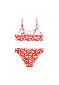 Costume da bagno rosso e bianco composto da un motivo floreale geometrico. Il top ha spalline sottili e il pezzo inferiore è di stile classico a slip.