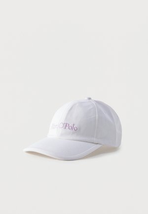 White baseball cap with curved brim and light purple "Marc O'Polo" embroidery on front panel, shown against a plain light background.