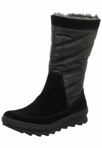 Botas negras hasta la rodilla con parte superior de nylon acolchado y panel de ante suave, suela de goma texturizada y forro de piel sintética en la parte superior.