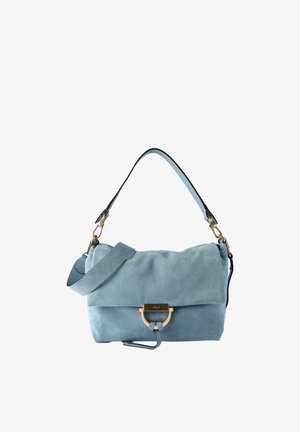 Borsa a tracolla in pelle scamosciata blu con patta pieghevole, dettaglio in oro, tracolla regolabile e texture liscia. Presenta un dettaglio di design ad anello.