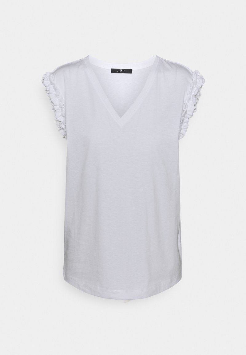 White V-neck t-shirt with ruffled sleeve accents, made of soft fabric. Features a relaxed fit and curved hem at the bottom.