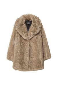 Cappotto in pelliccia sintetica marrone chiaro con colletto a lappole ampie, maniche lunghe e una vestibilità comoda, esposto su uno sfondo bianco.