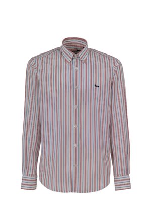 Striped button-up shirt featuring vertical red, blue, and white stripes, a classic collar, and a small navy logo on the chest.