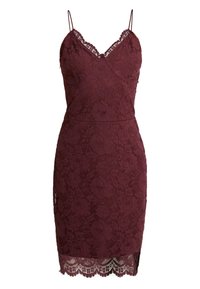 Burgunderfarbenes Spitzekleid mit floralem Muster, Spaghetti-Trägern und einem gewellten Spitzenabschluss. Figurnaher Schnitt mit glatter Textur.