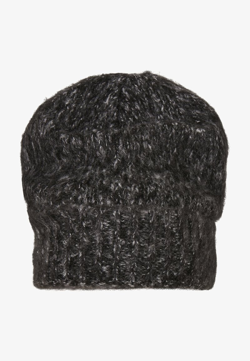 Dark gray knitted beanie hat with a ribbed band, featuring a fuzzy texture and slightly slouchy top portion.
