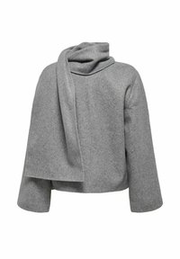 Grå ullblandning kortärmad tröja med en bred, draperad krage och långa ärmar. Har en loose fit och en jämn, mjuk textur.