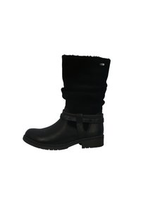 Botas negras hasta la rodilla con punta redonda, hechas de cuero y pelo sintético. Presentan una banda alrededor del tobillo y un empeine texturizado.